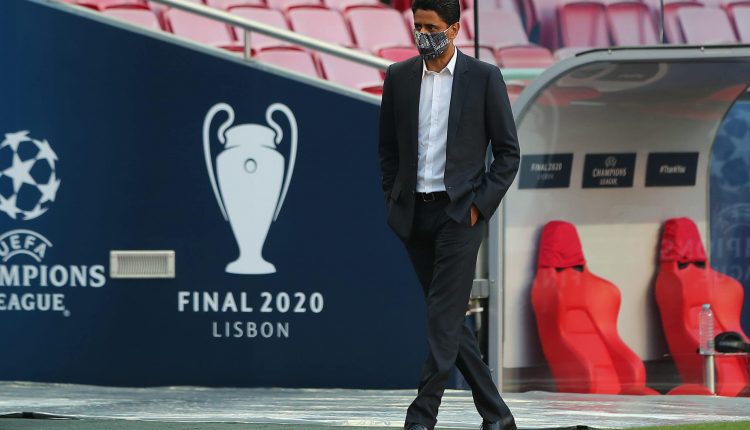 Paris Saint-Germain's Qatari president Nasser Al-Khelaifi arrives for a training session at the Luz stadium in Lisbon on August 22, 2020 on the eve of the UEFA Champions League final football match between Paris Saint-Germain and Bayern Munich. (Photo by Miguel A. Lopes / POOL / AFP)