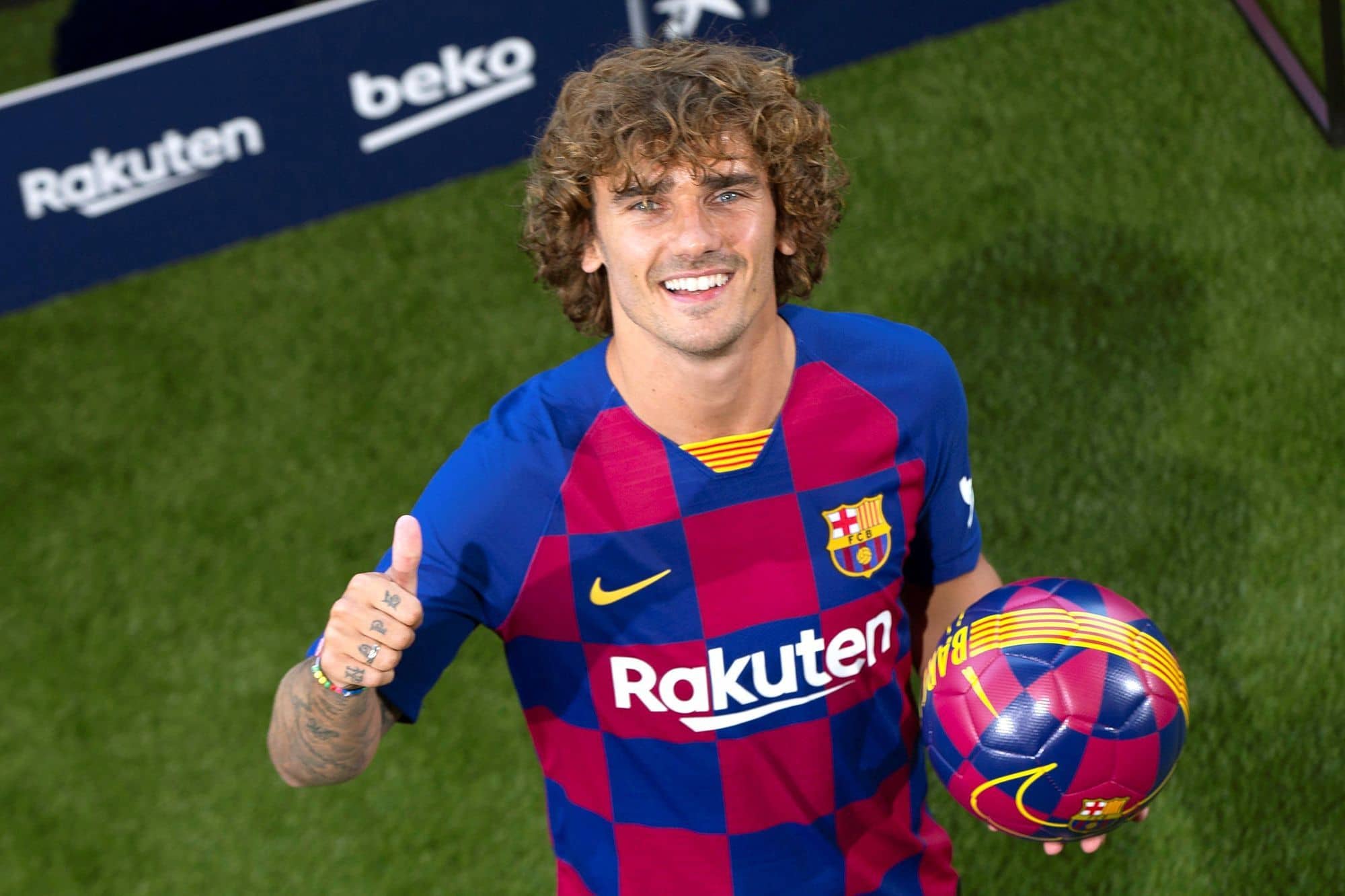 French striker Antoine Griezmann poses for the media during his presentation as a FC Barcelona's new player held at Camp Nou Stadium in Barcelona, Spain, 14 July 2019. EFE/Quique Garcia//EFE_20190714-636987295069100727/1907141946/Credit:Quique Garcia/EFE/SIPA/1907141947